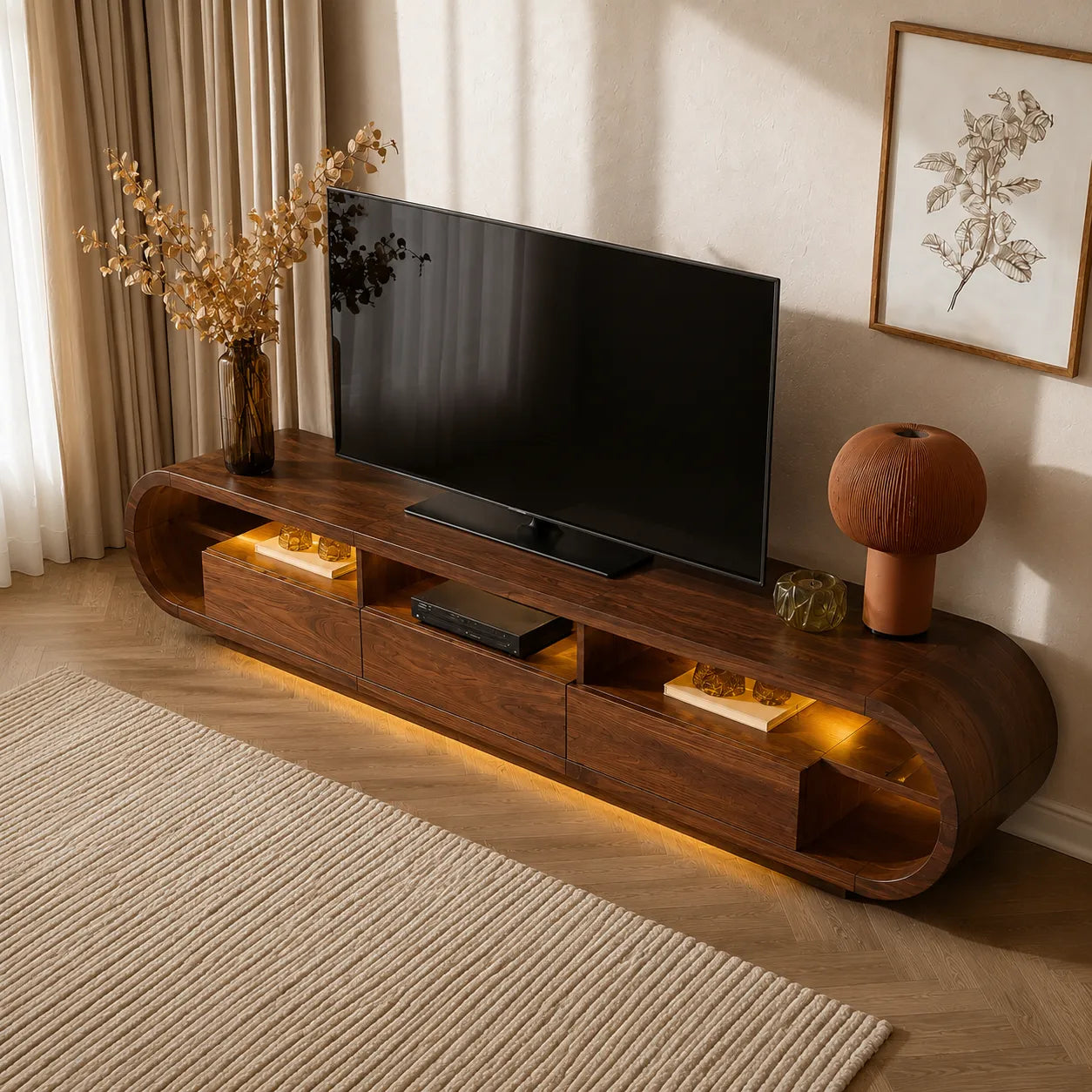 Rounded Edge TV Stand with Open Shelving and Drawer Storage Console - Livewoodcraft - 6