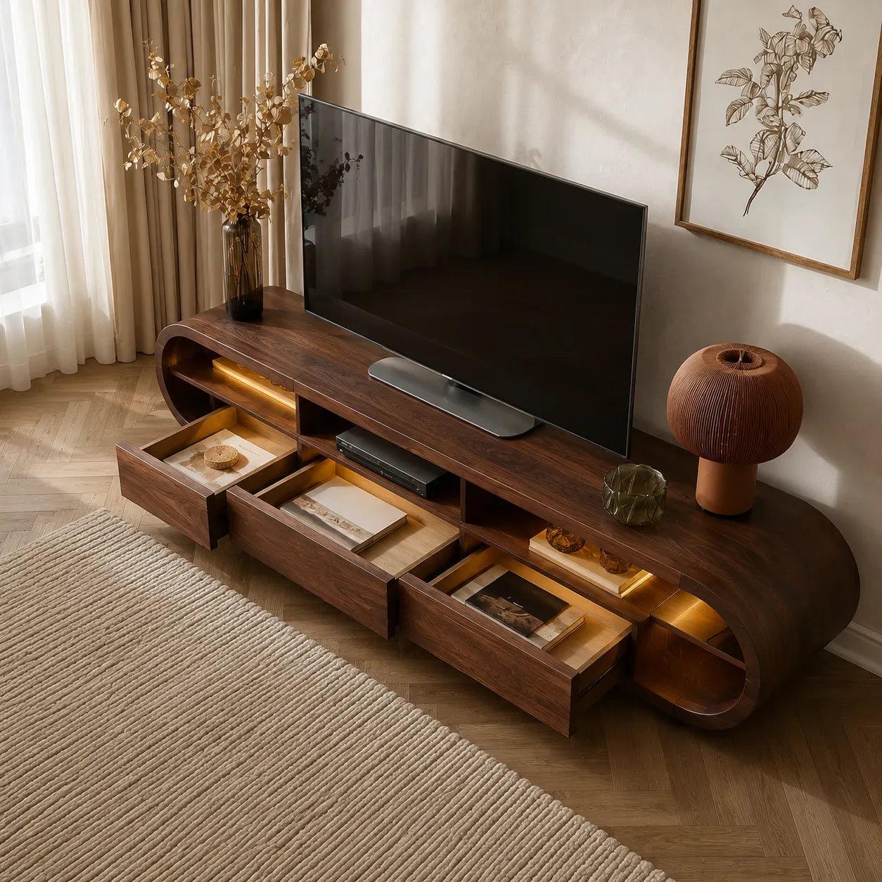 Rounded Edge TV Stand with Open Shelving and Drawer Storage Console - Livewoodcraft - 7