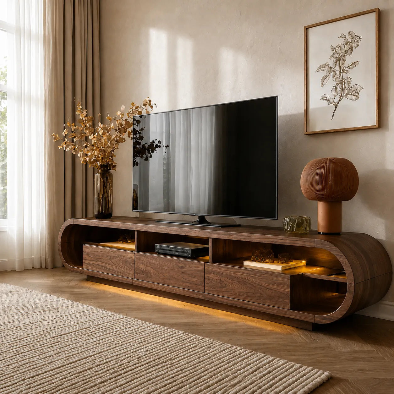 Rounded Edge TV Stand with Open Shelving and Drawer Storage Console - Livewoodcraft - 8