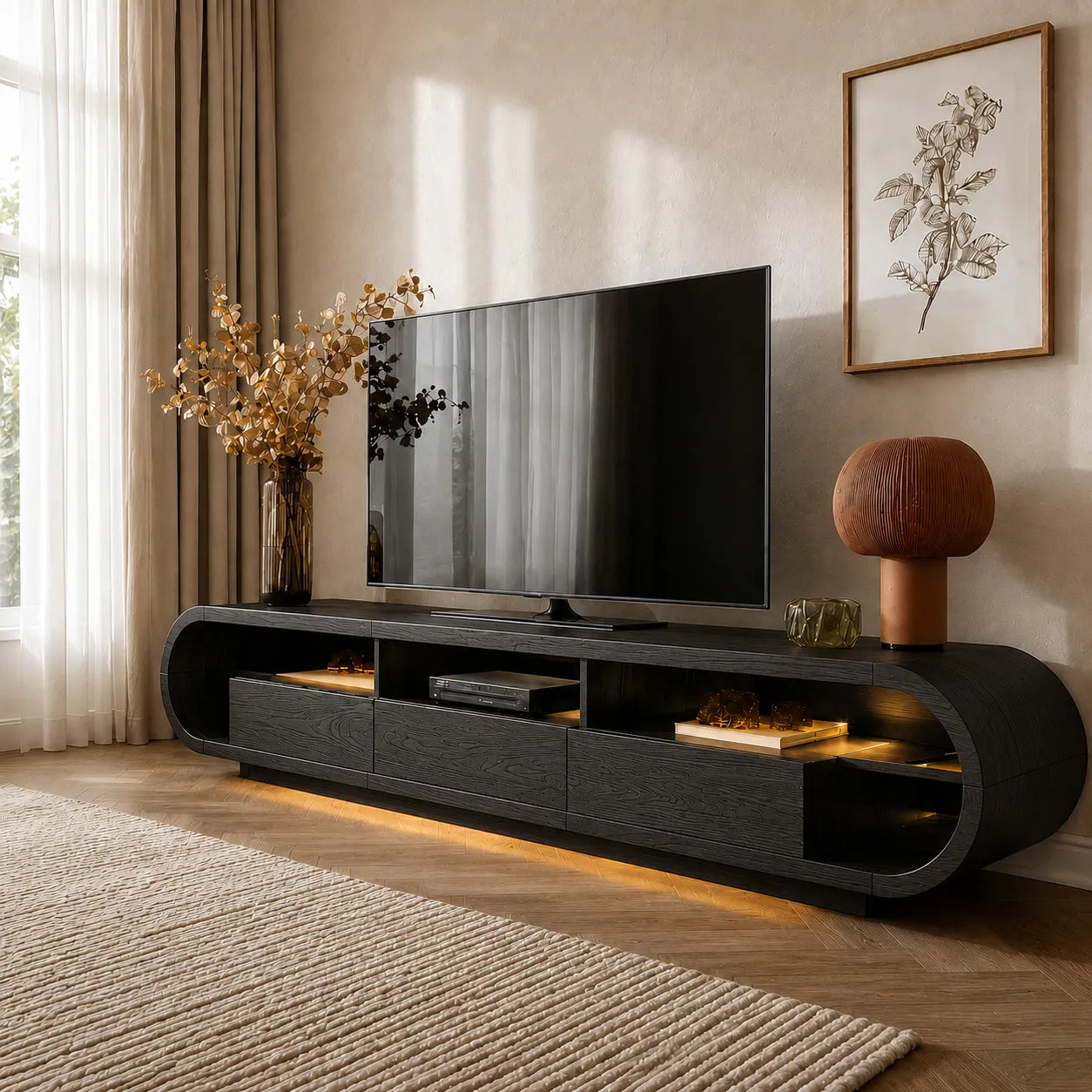 Rounded Edge TV Stand with Open Shelving and Drawer Storage Console - Livewoodcraft - 9