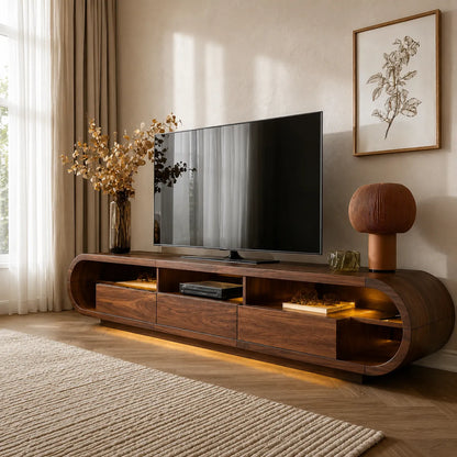 Rounded Edge TV Stand with Open Shelving and Drawer Storage Console - Livewoodcraft