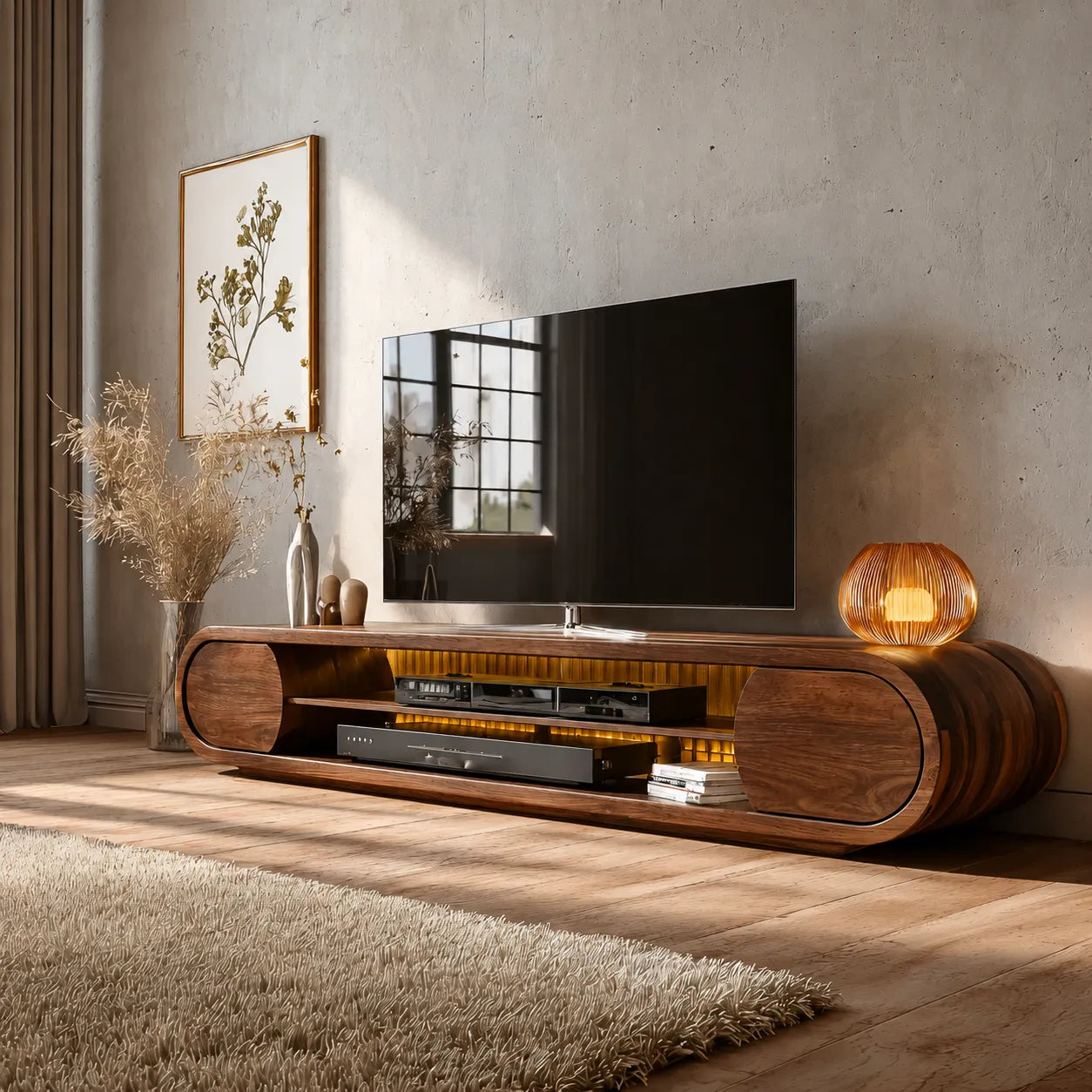 Rounded Modern TV Stand with Open Media Storage and Ambient Lighting - Livewoodcraft - 10