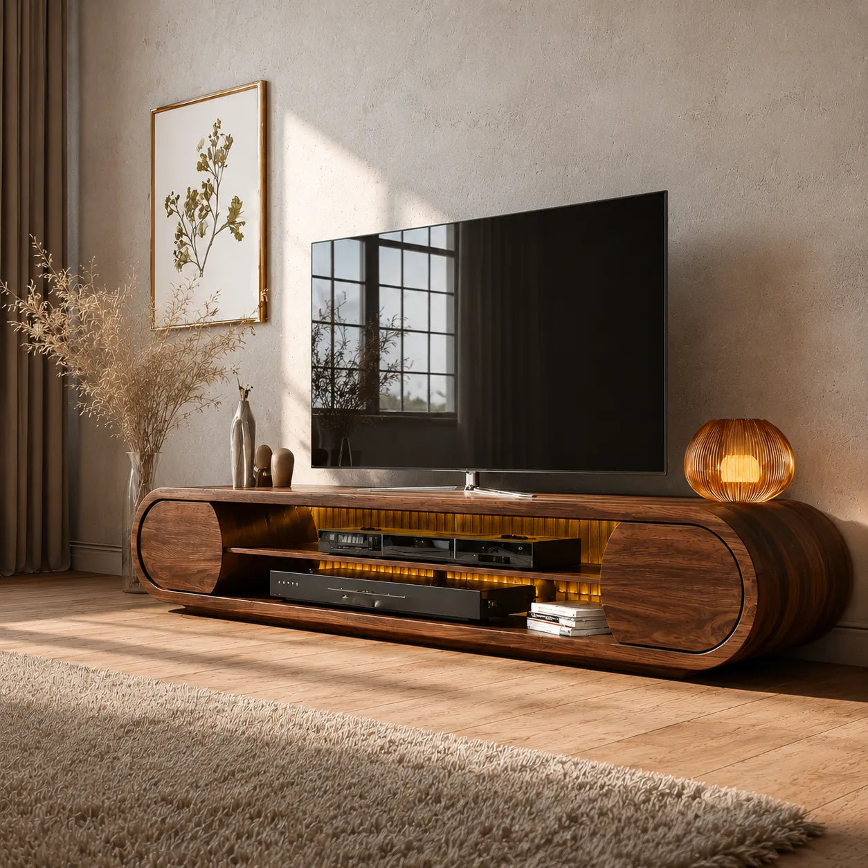 Rounded Modern TV Stand with Open Media Storage and Ambient Lighting - Livewoodcraft - 11