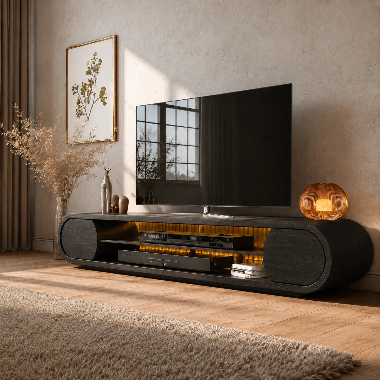 Rounded Modern TV Stand with Open Media Storage and Ambient Lighting - Livewoodcraft - 12