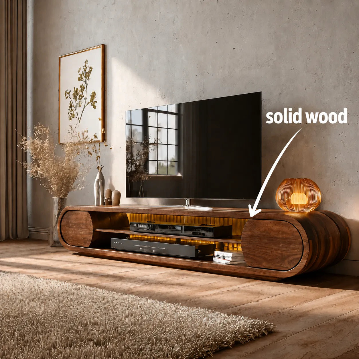 Rounded Modern TV Stand with Open Media Storage and Ambient Lighting - Livewoodcraft - 2