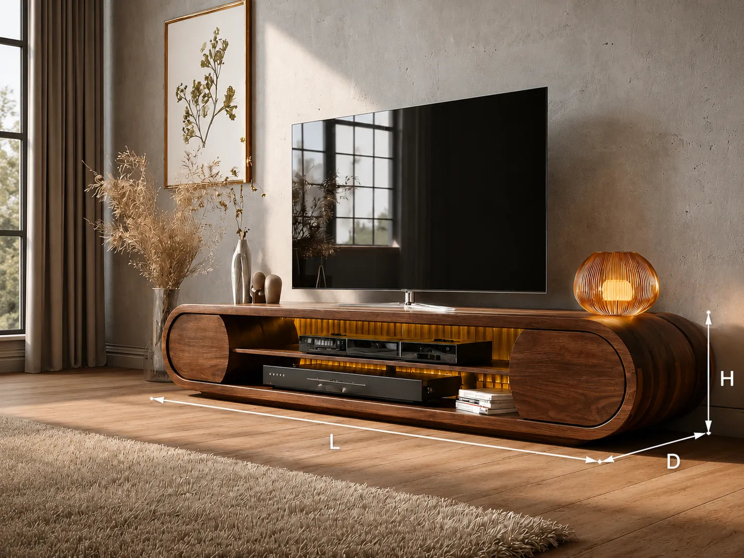 Rounded Modern TV Stand with Open Media Storage and Ambient Lighting - Livewoodcraft - 3