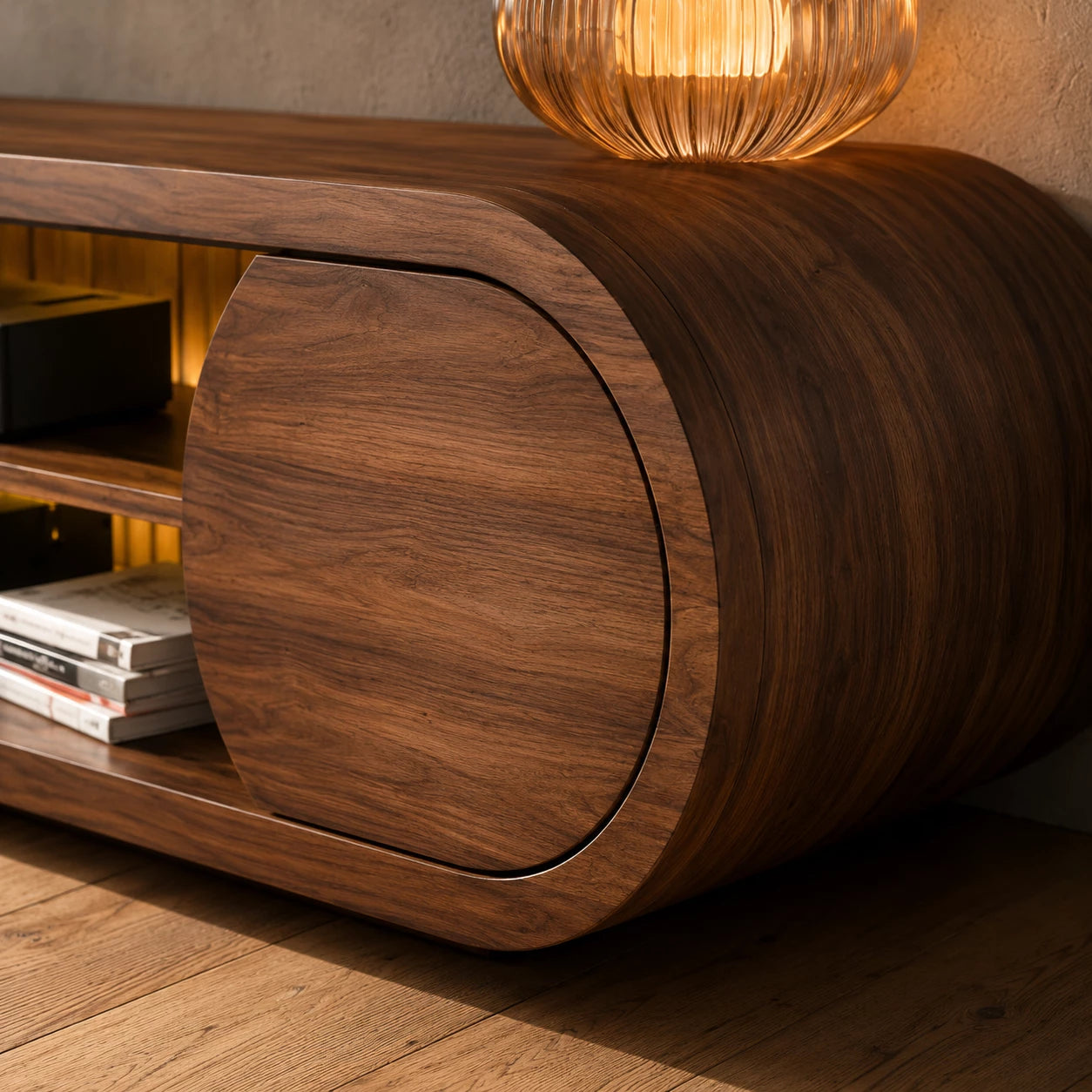 Rounded Modern TV Stand with Open Media Storage and Ambient Lighting - Livewoodcraft - 4