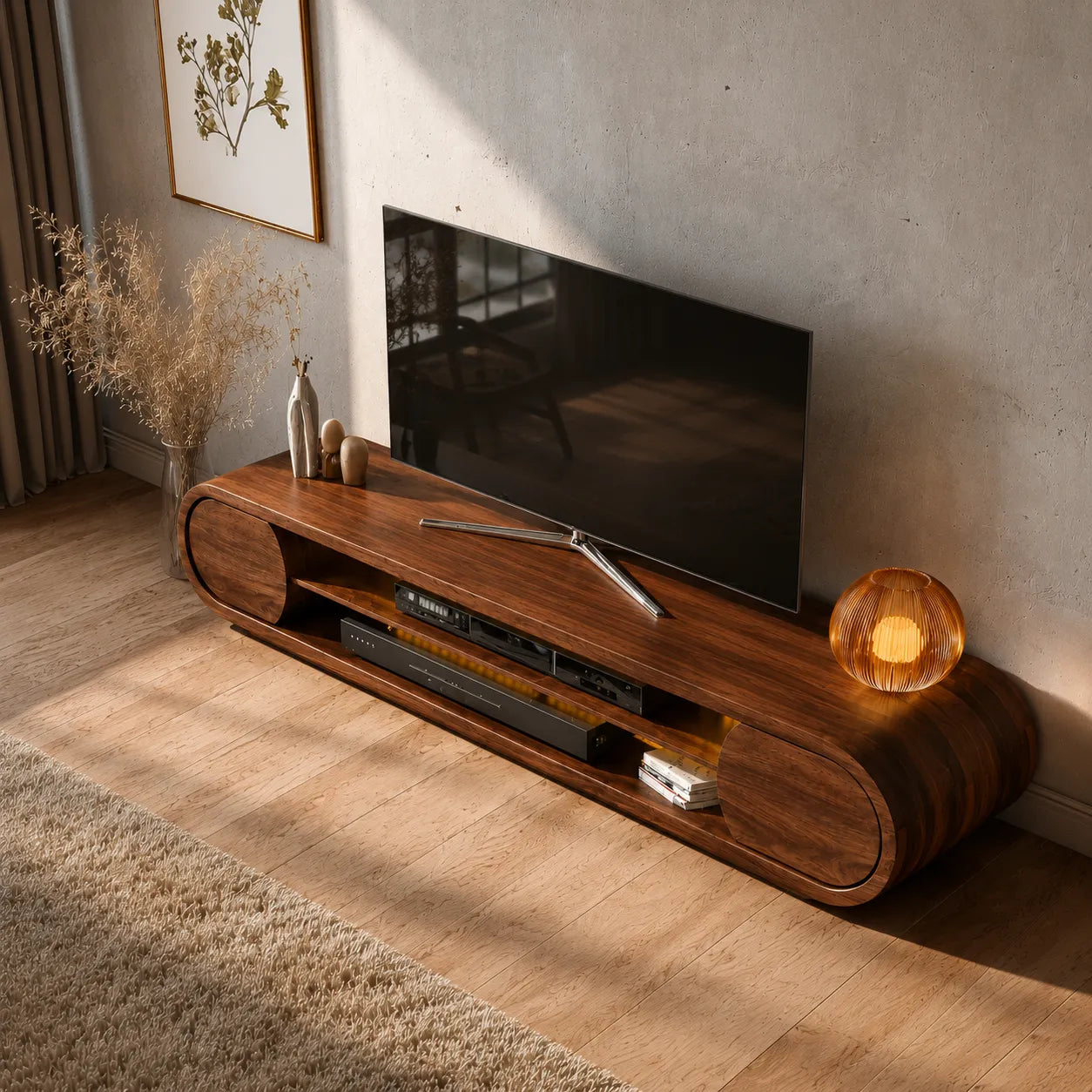 Rounded Modern TV Stand with Open Media Storage and Ambient Lighting - Livewoodcraft - 5