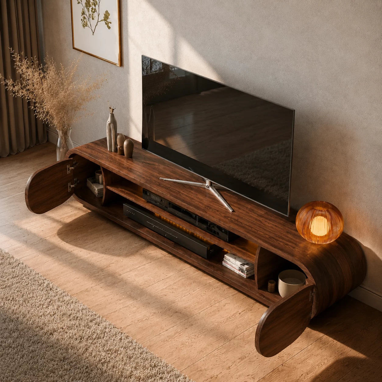 Rounded Modern TV Stand with Open Media Storage and Ambient Lighting - Livewoodcraft - 6