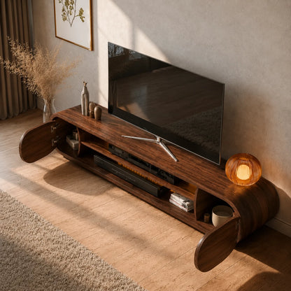 Rounded Modern TV Stand with Open Media Storage and Ambient Lighting - Livewoodcraft - 6