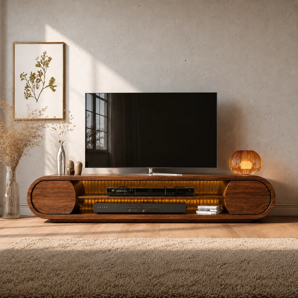 Rounded Modern TV Stand with Open Media Storage and Ambient Lighting - Livewoodcraft - 7