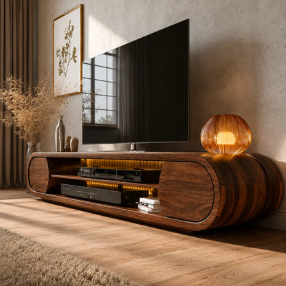 Rounded Modern TV Stand with Open Media Storage and Ambient Lighting - Livewoodcraft - 8