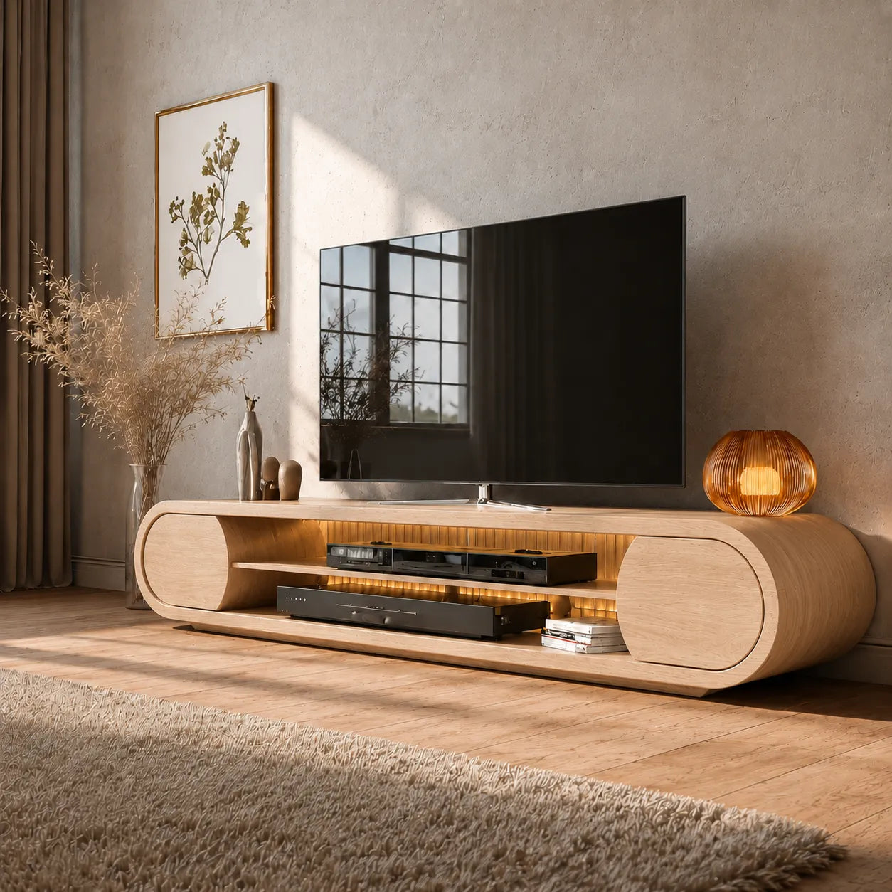 Rounded Modern TV Stand with Open Media Storage and Ambient Lighting - Livewoodcraft - 9