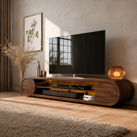 Rounded Modern TV Stand with Open Media Storage and Ambient Lighting - Livewoodcraft