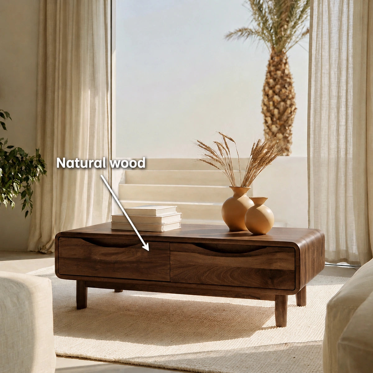 Rounded Natural Solid Wood Coffee Table with Two Storage Drawers - Livewoodcraft - 10