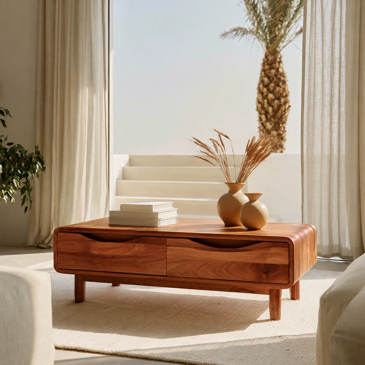 Rounded Natural Solid Wood Coffee Table with Two Storage Drawers - Livewoodcraft - 2
