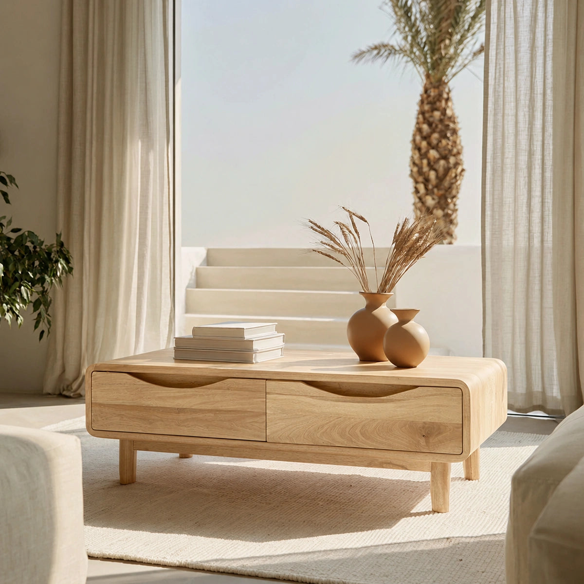 Rounded Natural Solid Wood Coffee Table with Two Storage Drawers - Livewoodcraft - 3