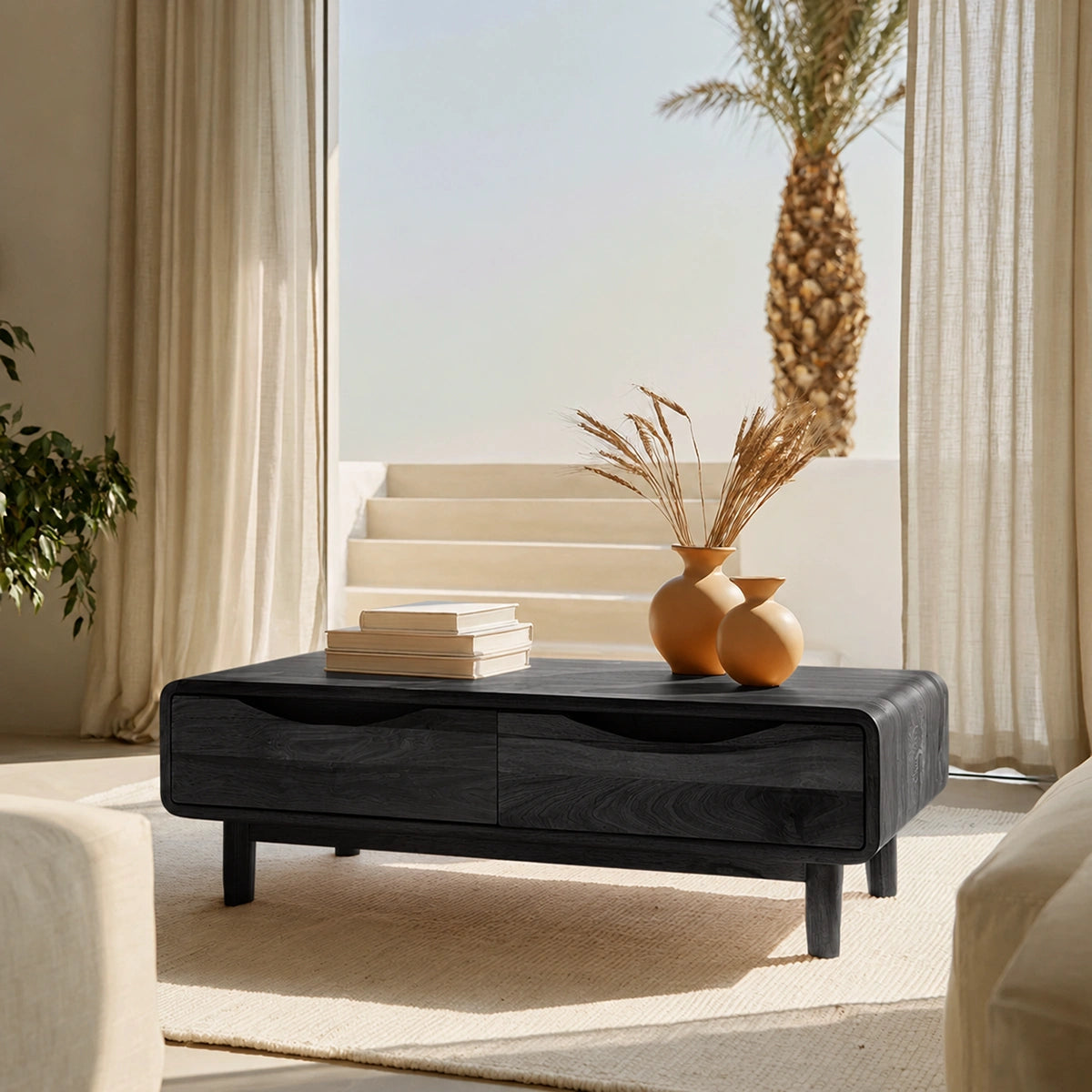 Rounded Natural Solid Wood Coffee Table with Two Storage Drawers - Livewoodcraft - 4
