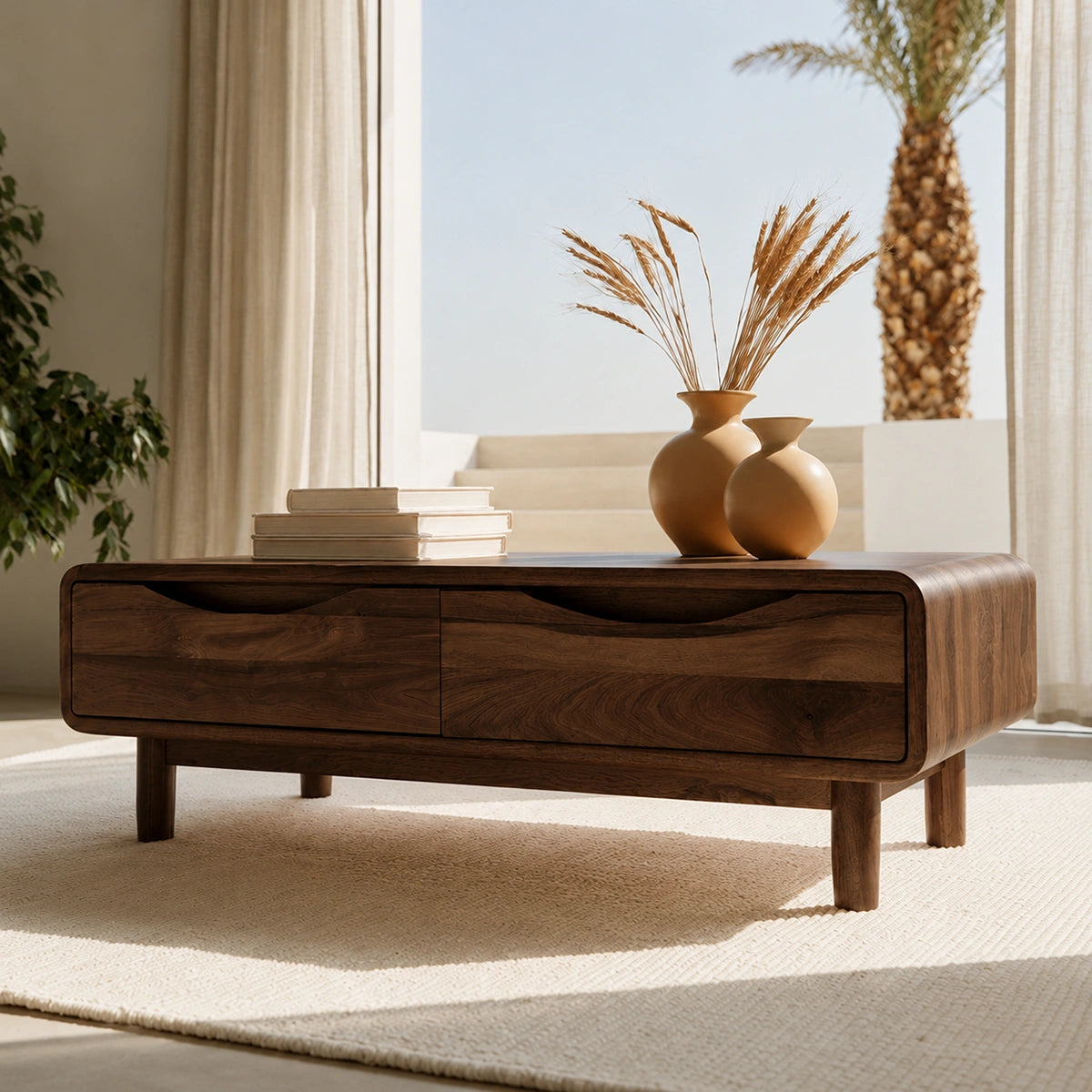 Rounded Natural Solid Wood Coffee Table with Two Storage Drawers - Livewoodcraft - 6