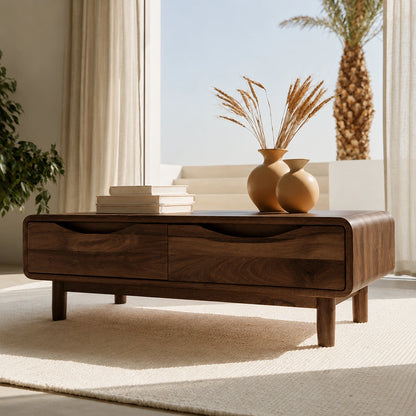 Rounded Natural Solid Wood Coffee Table with Two Storage Drawers - Livewoodcraft - 6