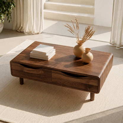Rounded Natural Solid Wood Coffee Table with Two Storage Drawers - Livewoodcraft - 7