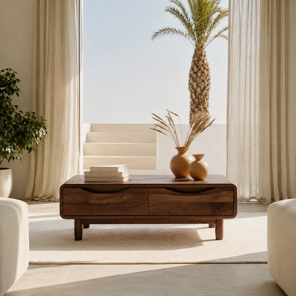 Rounded Natural Solid Wood Coffee Table with Two Storage Drawers - Livewoodcraft - 8