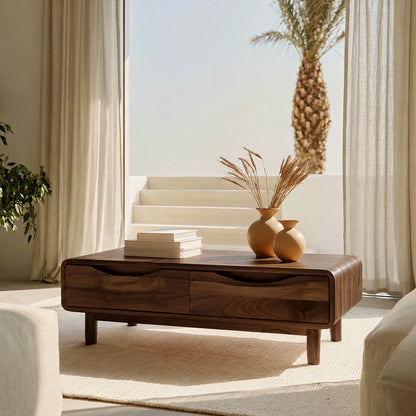 Rounded Natural Solid Wood Coffee Table with Two Storage Drawers - Livewoodcraft