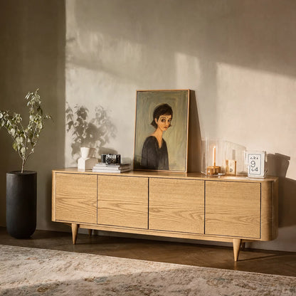 Rounded Natural Solid Wood TV Stand with Four Door Cabinet Storage - Livewoodcraft - 10