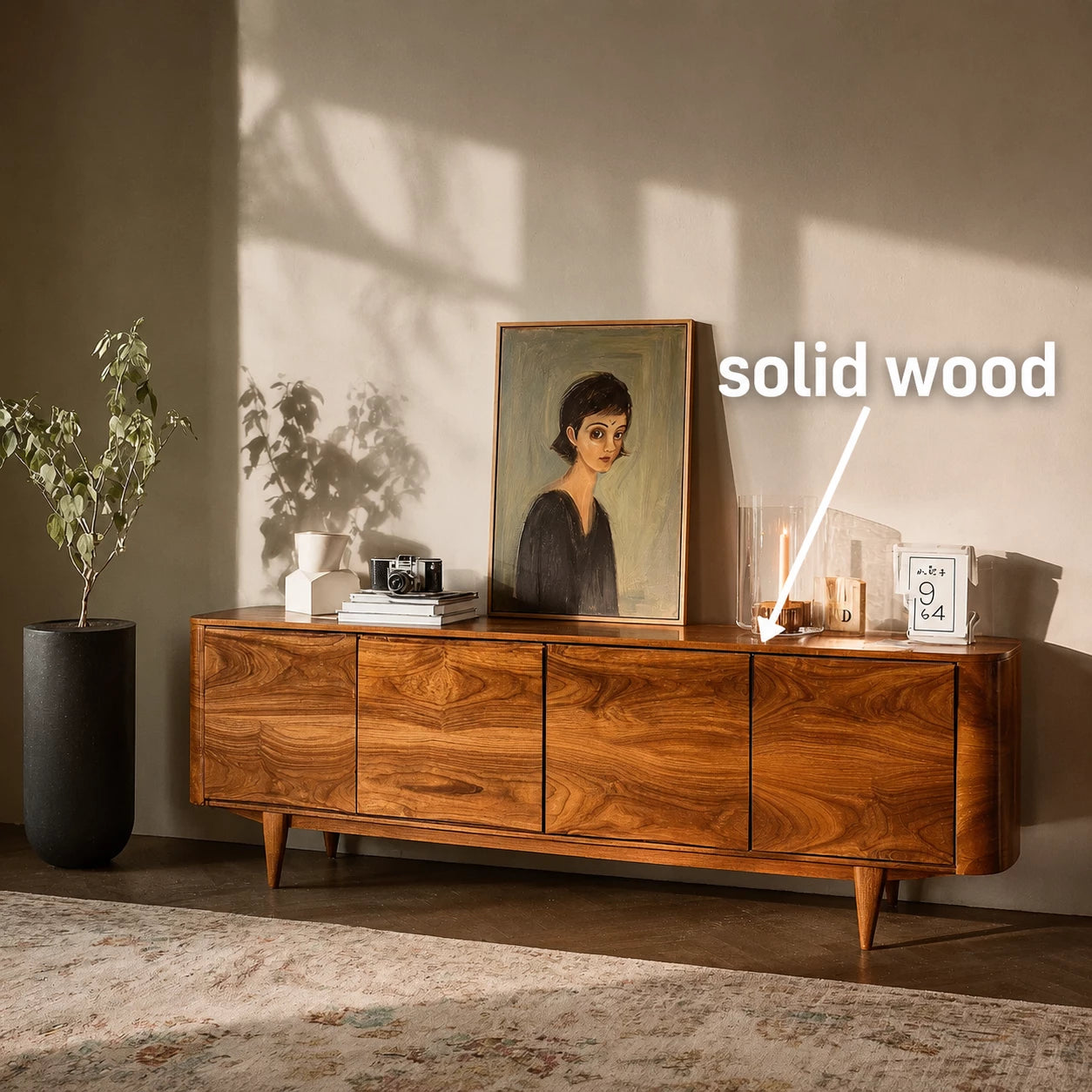 Rounded Natural Solid Wood TV Stand with Four Door Cabinet Storage - Livewoodcraft - 3