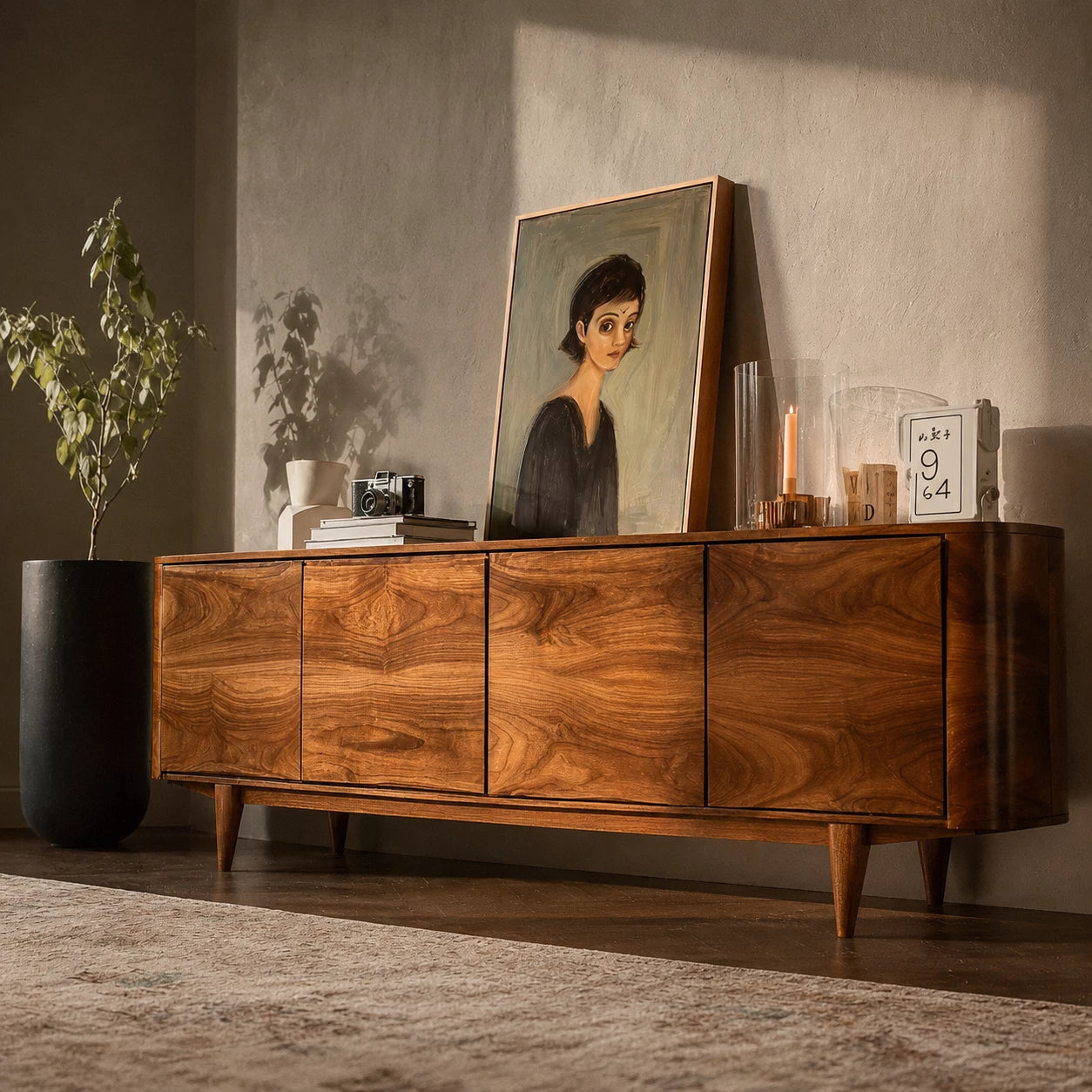 Rounded Natural Solid Wood TV Stand with Four Door Cabinet Storage - Livewoodcraft - 5