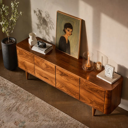 Rounded Natural Solid Wood TV Stand with Four Door Cabinet Storage - Livewoodcraft - 6