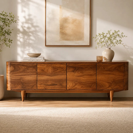 Rounded Natural Solid Wood TV Stand with Four Door Cabinet Storage - Livewoodcraft