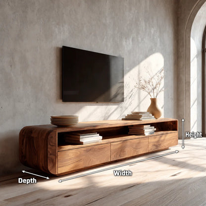 Rounded Natural Solid Wood TV Stand with Open Shelf and Drawer Storage - Livewoodcraft - 10