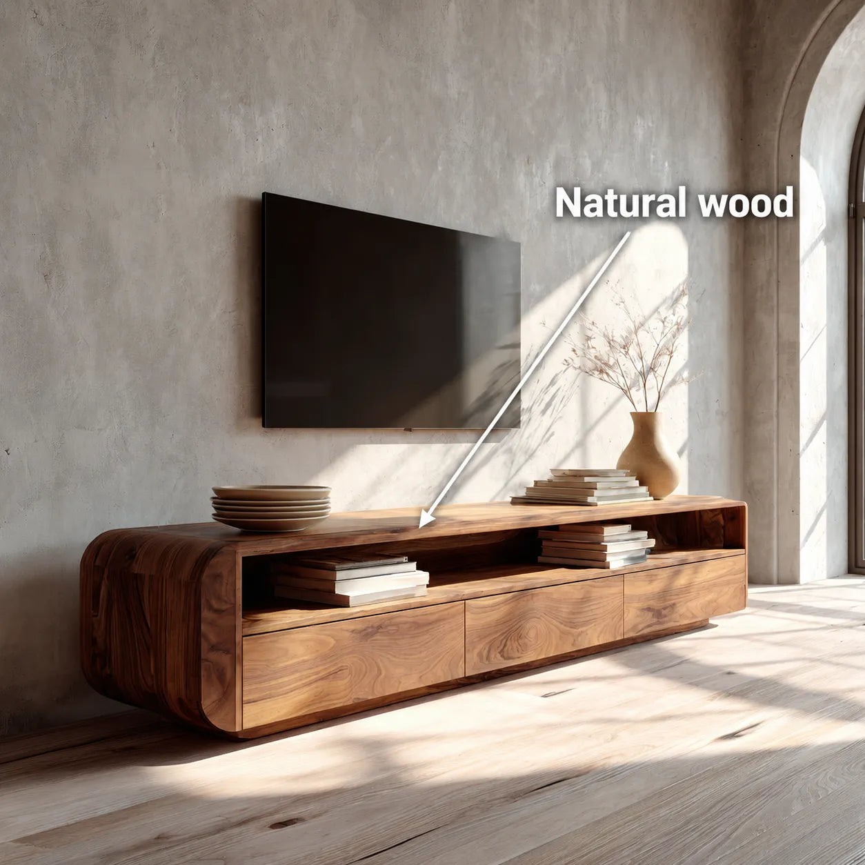 Rounded Natural Solid Wood TV Stand with Open Shelf and Drawer Storage - Livewoodcraft - 11