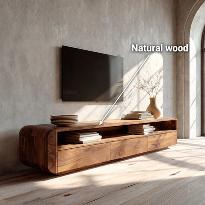 Rounded Natural Solid Wood TV Stand with Open Shelf and Drawer Storage - Livewoodcraft - 11