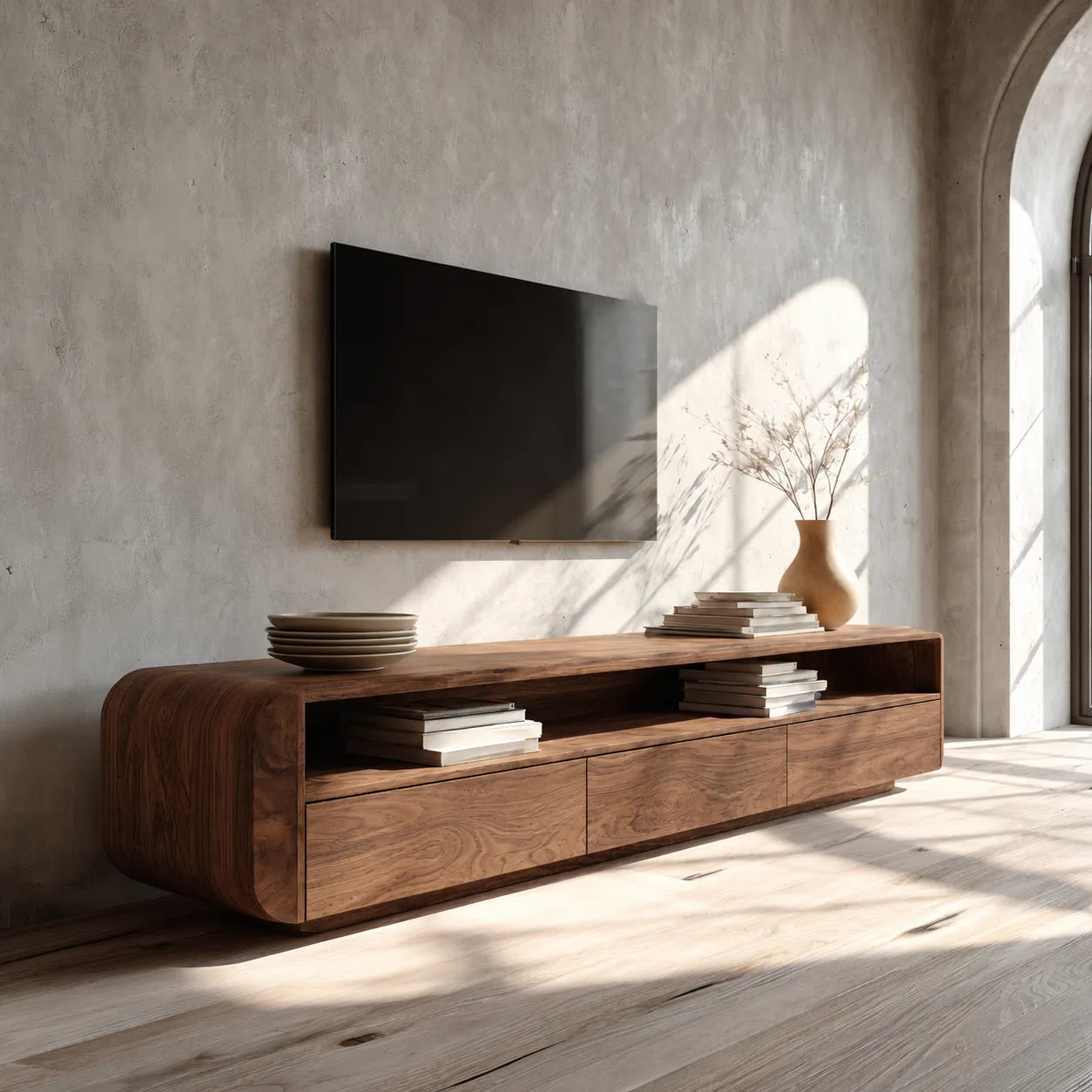 Rounded Natural Solid Wood TV Stand with Open Shelf and Drawer Storage - Livewoodcraft - 2