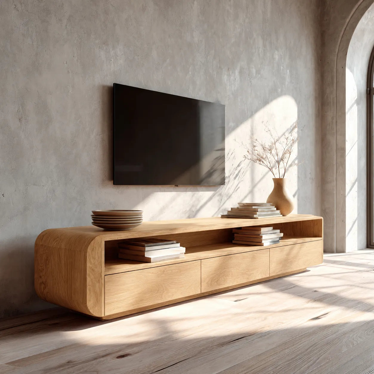Rounded Natural Solid Wood TV Stand with Open Shelf and Drawer Storage - Livewoodcraft - 3