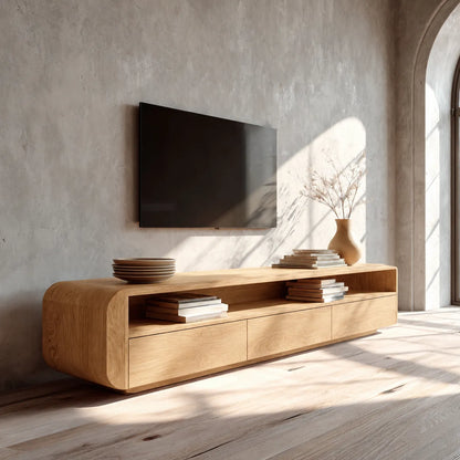 Rounded Natural Solid Wood TV Stand with Open Shelf and Drawer Storage - Livewoodcraft - 3