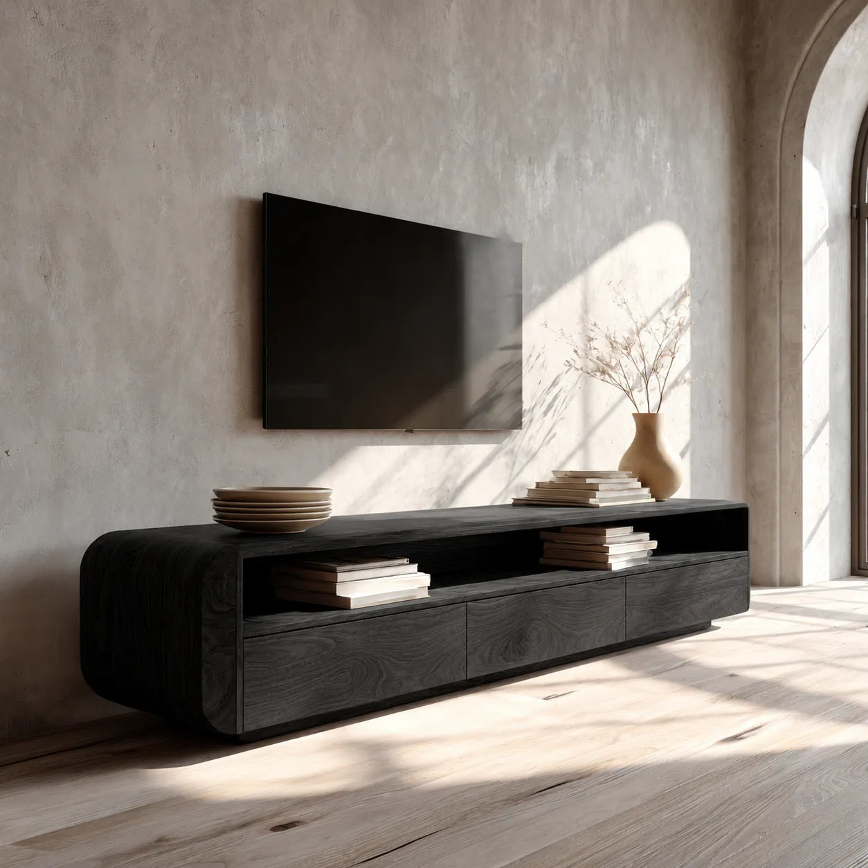 Rounded Natural Solid Wood TV Stand with Open Shelf and Drawer Storage - Livewoodcraft - 4