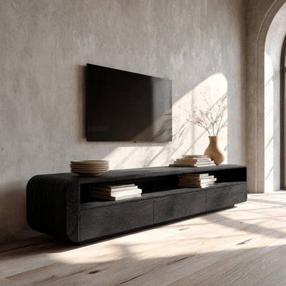 Rounded Natural Solid Wood TV Stand with Open Shelf and Drawer Storage - Livewoodcraft - 4