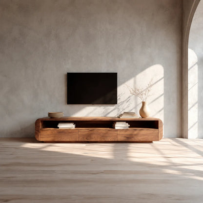 Rounded Natural Solid Wood TV Stand with Open Shelf and Drawer Storage - Livewoodcraft - 5
