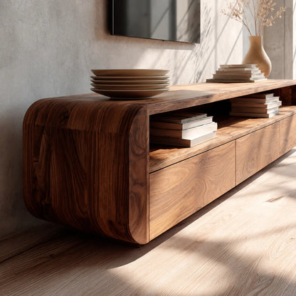 Rounded Natural Solid Wood TV Stand with Open Shelf and Drawer Storage - Livewoodcraft - 6
