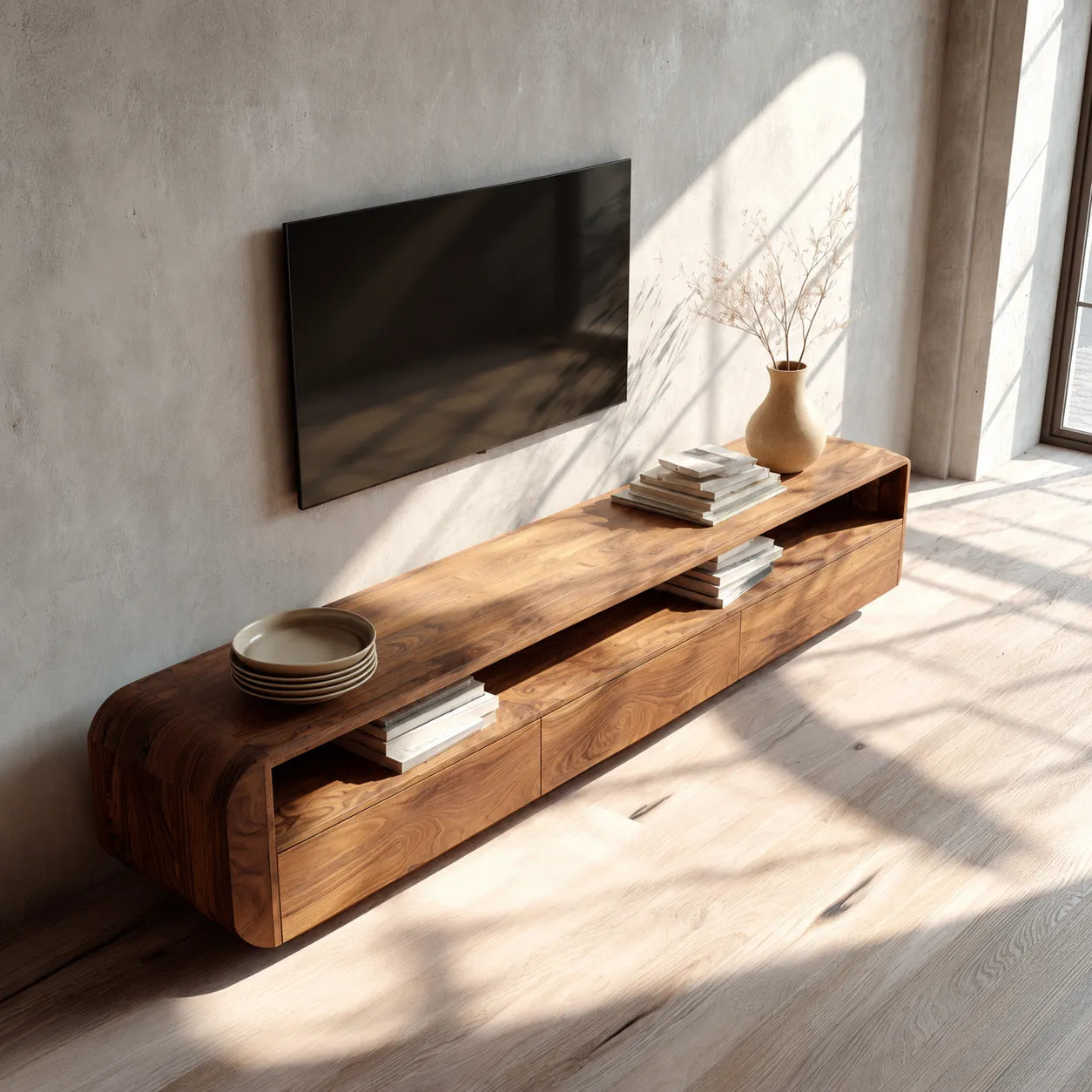 Rounded Natural Solid Wood TV Stand with Open Shelf and Drawer Storage - Livewoodcraft - 7