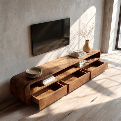 Rounded Natural Solid Wood TV Stand with Open Shelf and Drawer Storage - Livewoodcraft - 8