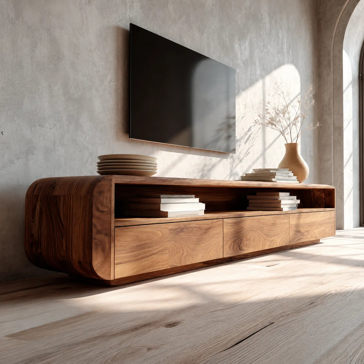 Rounded Natural Solid Wood TV Stand with Open Shelf and Drawer Storage - Livewoodcraft - 9