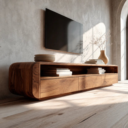 Rounded Natural Solid Wood TV Stand with Open Shelf and Drawer Storage - Livewoodcraft - 9