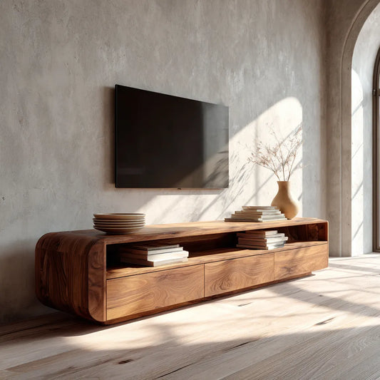 Rounded Natural Solid Wood TV Stand with Open Shelf and Drawer Storage - Livewoodcraft