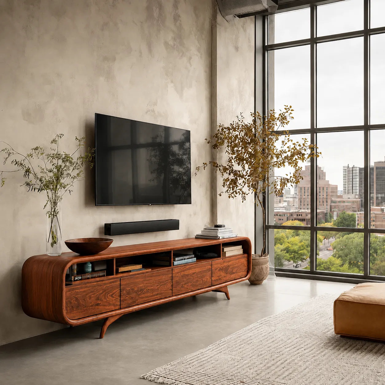 Rounded Natural Solid Wood TV Stand with Open Shelves and Drawer Storage - Livewoodcraft - 2