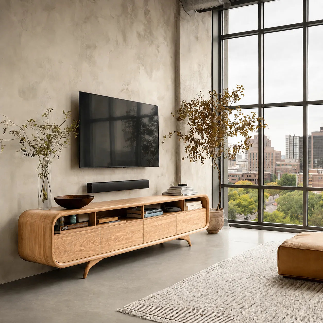 Rounded Natural Solid Wood TV Stand with Open Shelves and Drawer Storage - Livewoodcraft - 3
