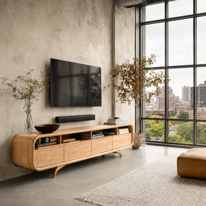 Rounded Natural Solid Wood TV Stand with Open Shelves and Drawer Storage - Livewoodcraft - 3
